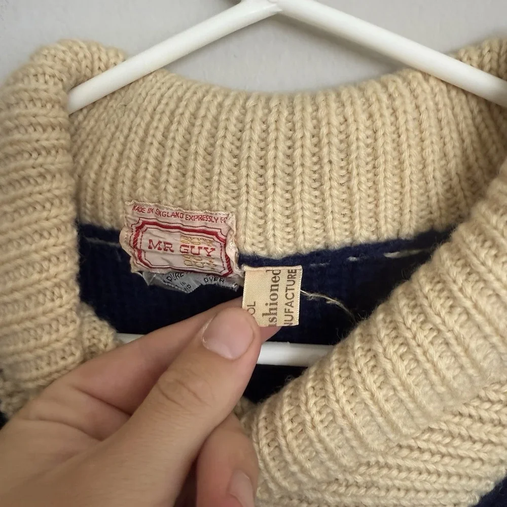 Vintage Mr Guy Wool Shawl‎ Collar Sweater Navy Blue Cream Fair Isle Made England